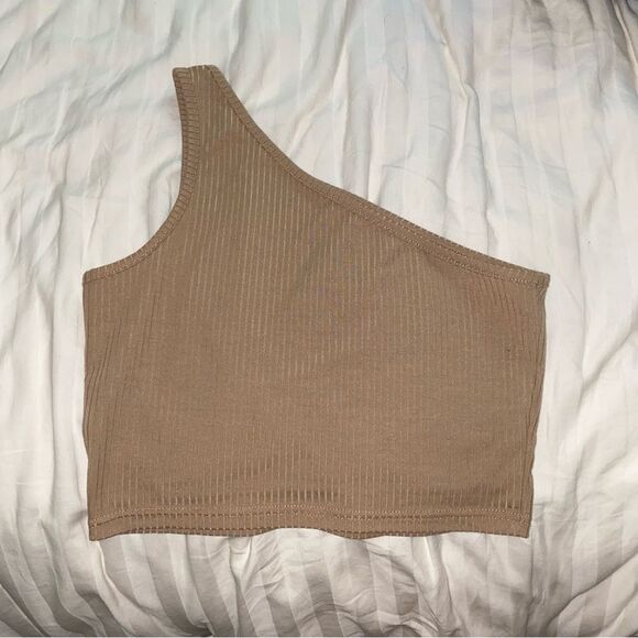 Ribbed Tan One Shoulder Tank Top - Picture 2 of 4